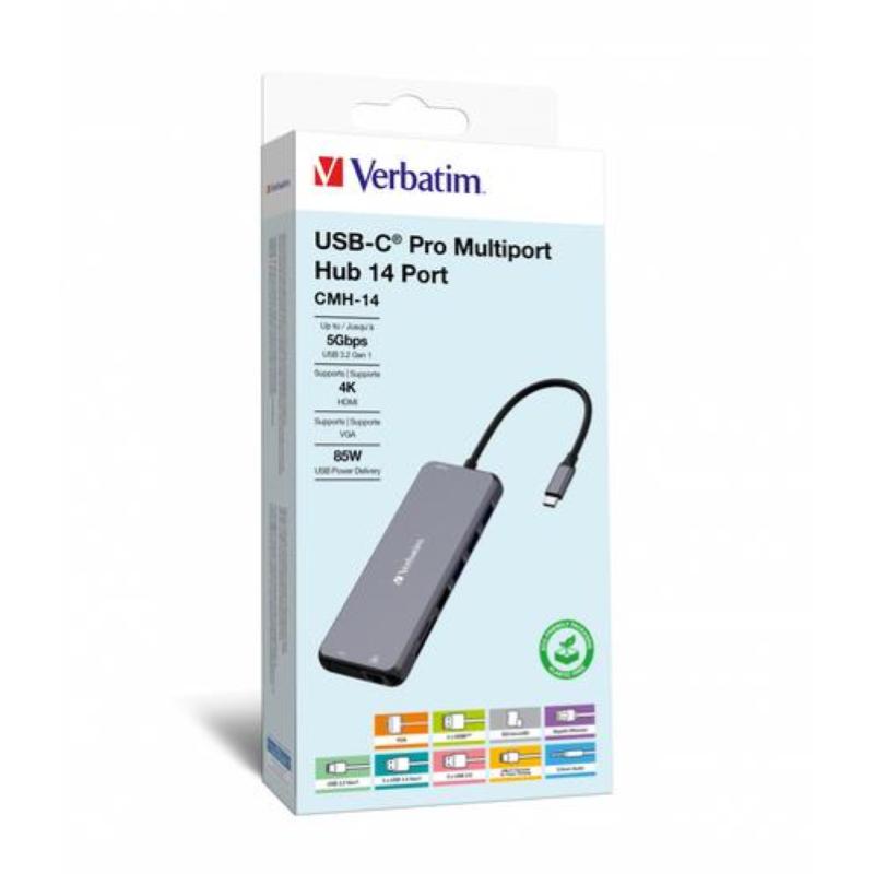 Verbatim cmh-14 multiport hub 14 porte usb tipo-c 5000 mbit-s argento