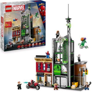 Lego marvel spider man contro oscorp set di giochi scena urbana con moto e 8 minifigure