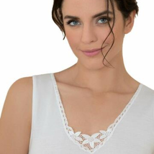 Canotta donna spalla larga lana cotone con pizzo macramè Antonella 620666 tg.3-7 Bianco