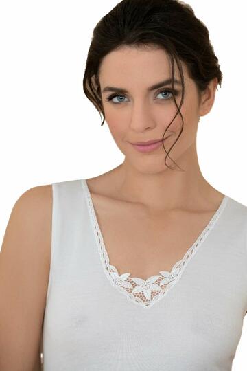 Canotta donna spalla larga lana cotone con pizzo macramè Antonella 620666 tg.3-7 Bianco